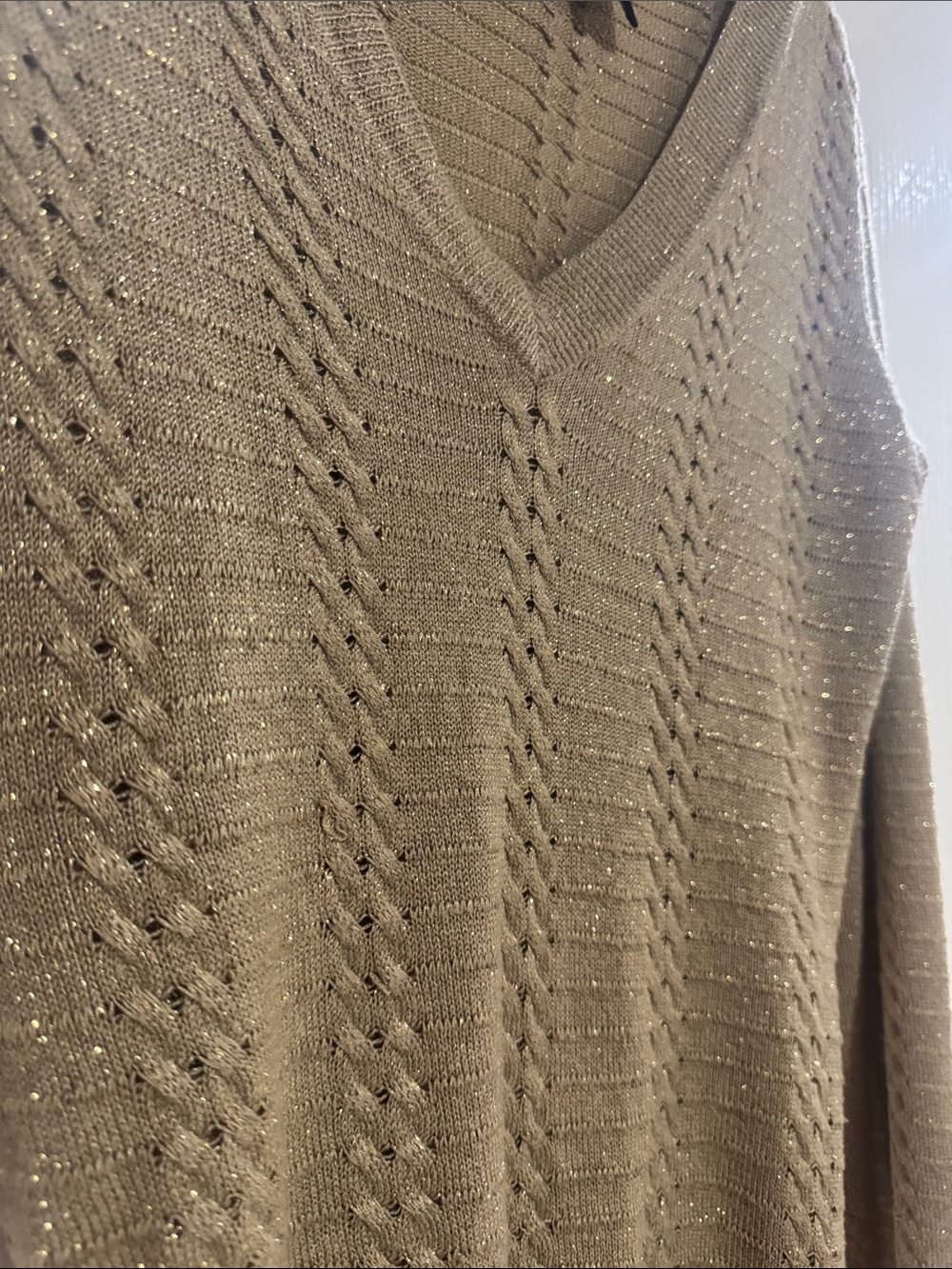 New York & Company Shimmery Tan/Cream V-Neck Sweater with Satin Waist Tie - Picture 2 of 5